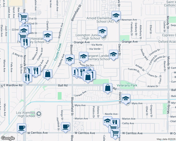 map of restaurants, bars, coffee shops, grocery stores, and more near 4160 Paseo De Oro in Cypress