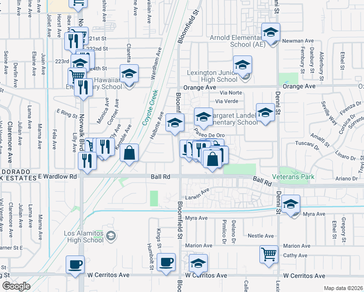 map of restaurants, bars, coffee shops, grocery stores, and more near 3520 Farnham Avenue in Long Beach