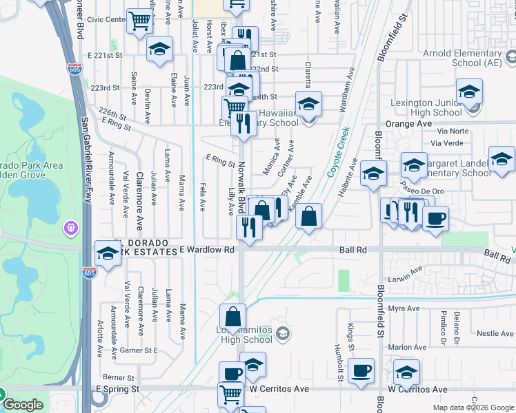 map of restaurants, bars, coffee shops, grocery stores, and more near 8100 East Torin Street in Long Beach