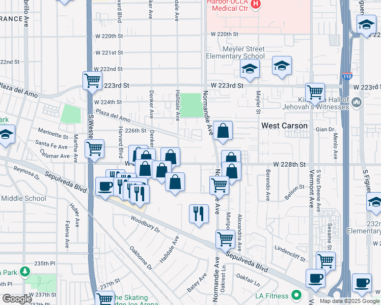 map of restaurants, bars, coffee shops, grocery stores, and more near 1331 West 227th Street in Torrance