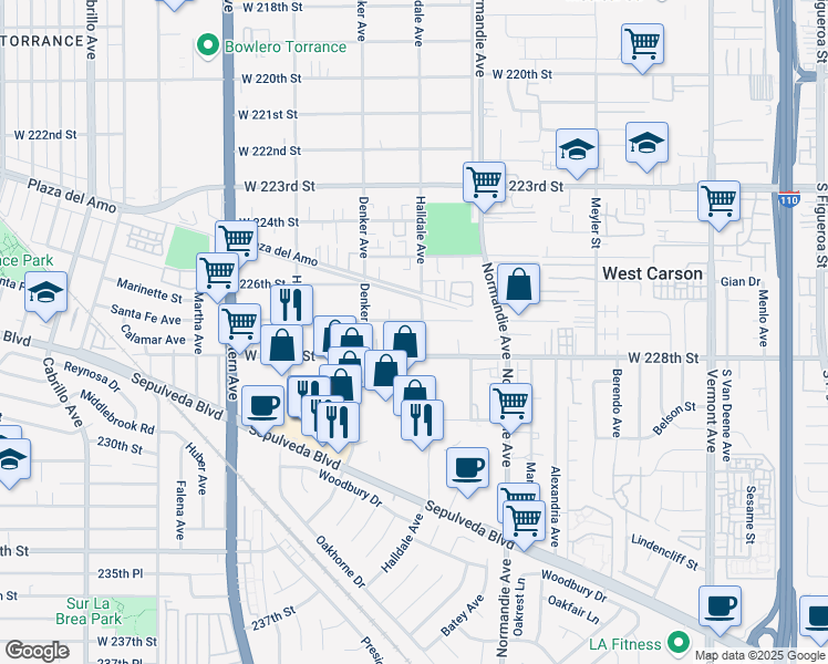 map of restaurants, bars, coffee shops, grocery stores, and more near 1413 West 227th Street in Torrance