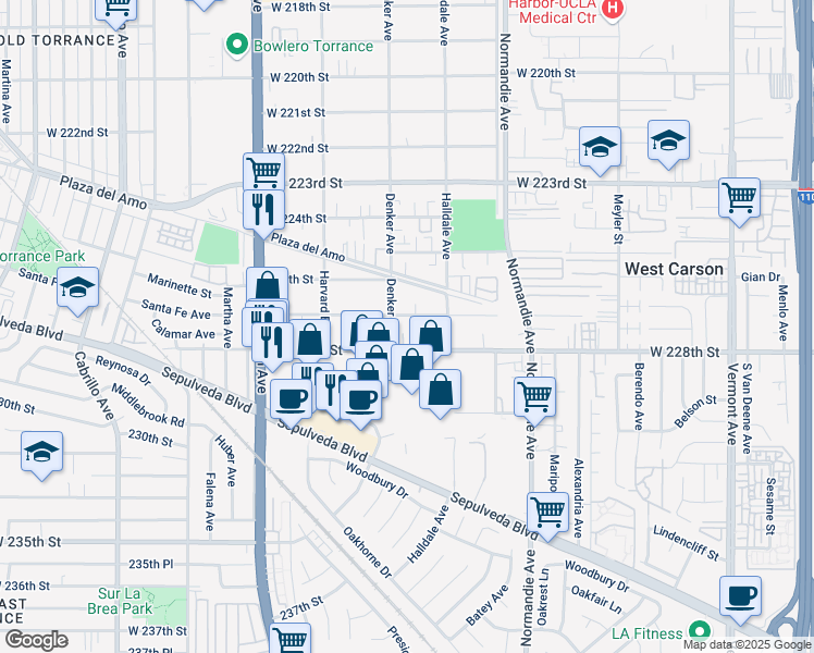 map of restaurants, bars, coffee shops, grocery stores, and more near 1453 West 227th Street in Torrance