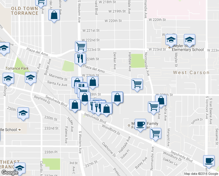 map of restaurants, bars, coffee shops, grocery stores, and more near 1533 West 227th Street in Torrance
