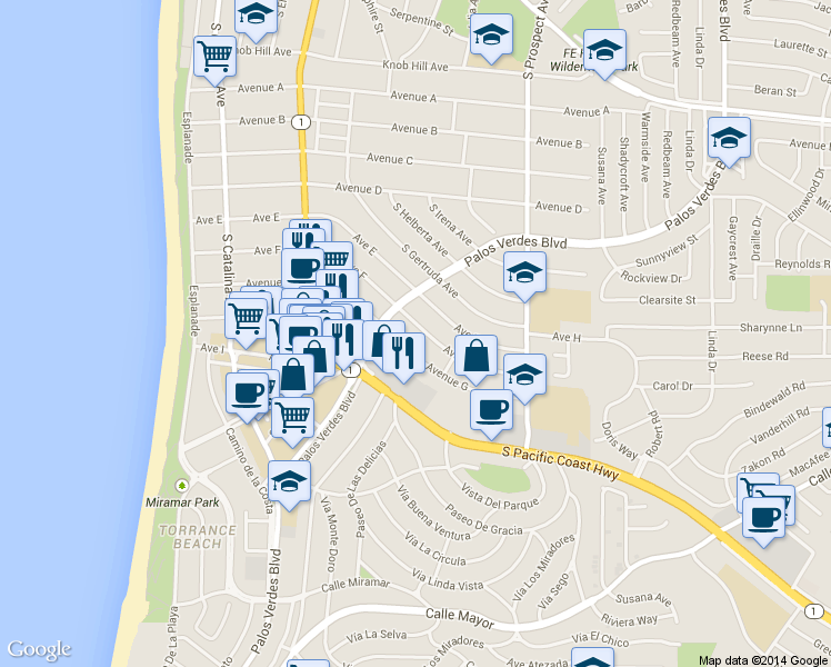 map of restaurants, bars, coffee shops, grocery stores, and more near 403 Avenue F in Redondo Beach