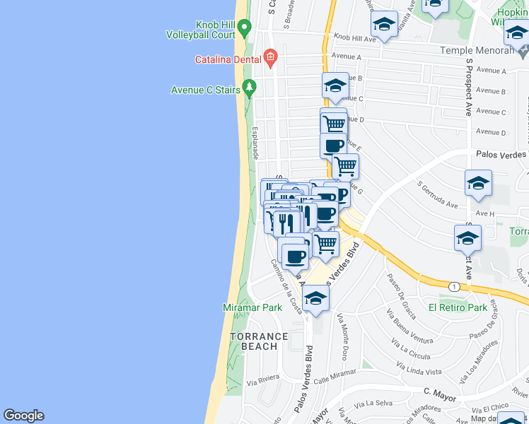 map of restaurants, bars, coffee shops, grocery stores, and more near 1516 Esplanade in Redondo Beach