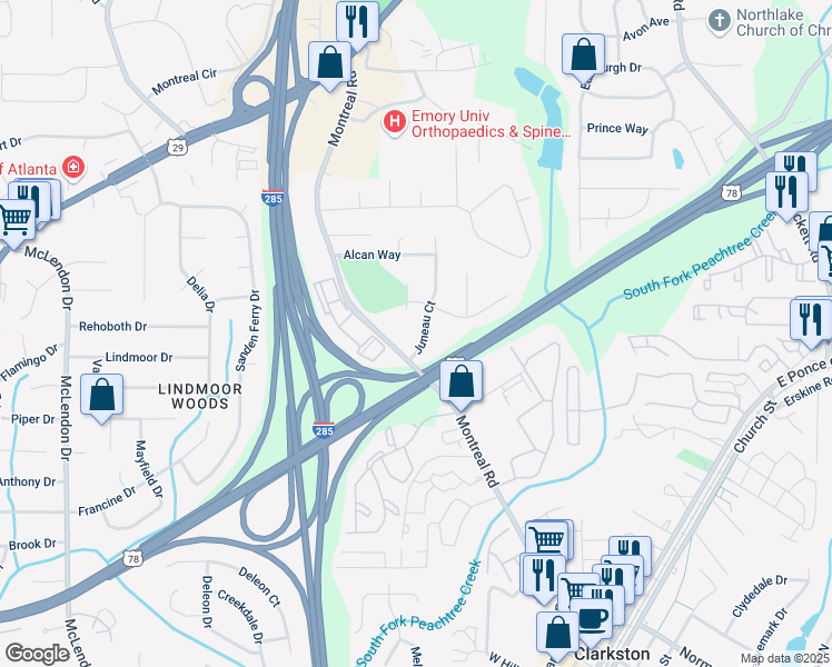 map of restaurants, bars, coffee shops, grocery stores, and more near 1340 Juneau Court in Tucker
