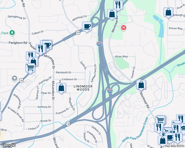 map of restaurants, bars, coffee shops, grocery stores, and more near 1372 Sanden Ferry Drive in Decatur