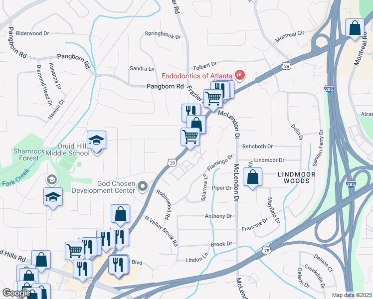 map of restaurants, bars, coffee shops, grocery stores, and more near 3012 Delcourt Drive in Decatur