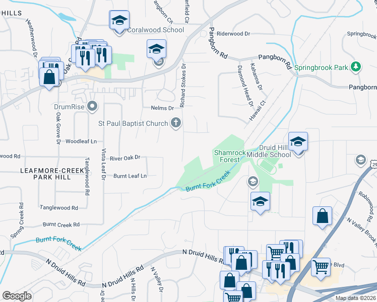 map of restaurants, bars, coffee shops, grocery stores, and more near 1375 Nelms Drive in Decatur