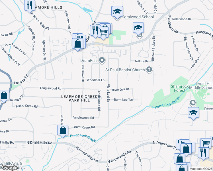 map of restaurants, bars, coffee shops, grocery stores, and more near 1356 Vista Leaf Drive in Decatur