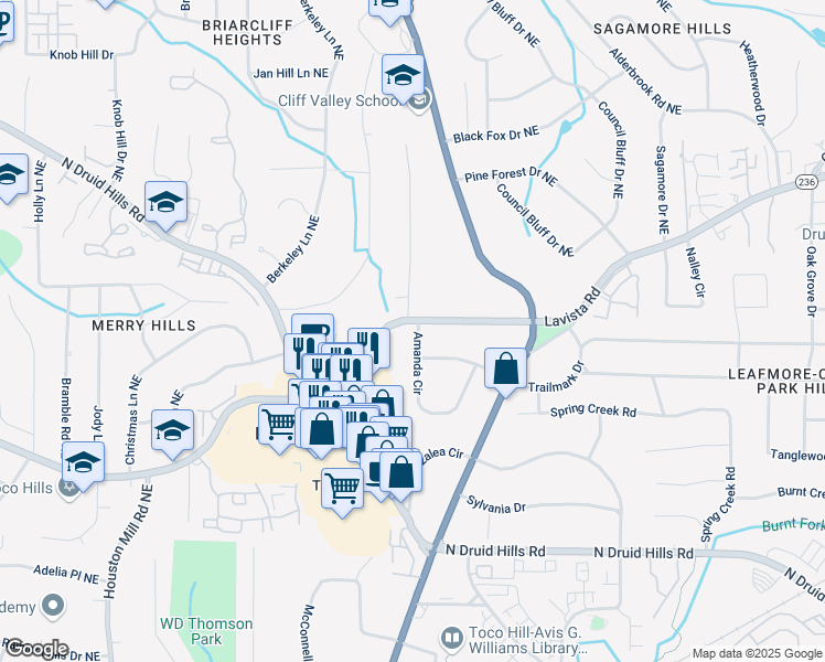map of restaurants, bars, coffee shops, grocery stores, and more near 2347 Lavista Road Northeast in Atlanta