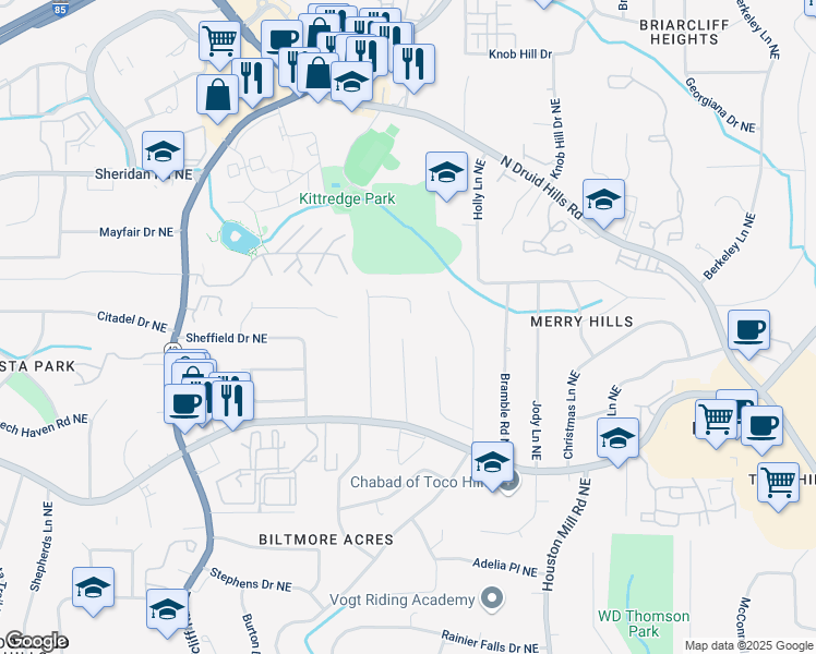 map of restaurants, bars, coffee shops, grocery stores, and more near 1583 Nantahalla Court Northeast in Atlanta