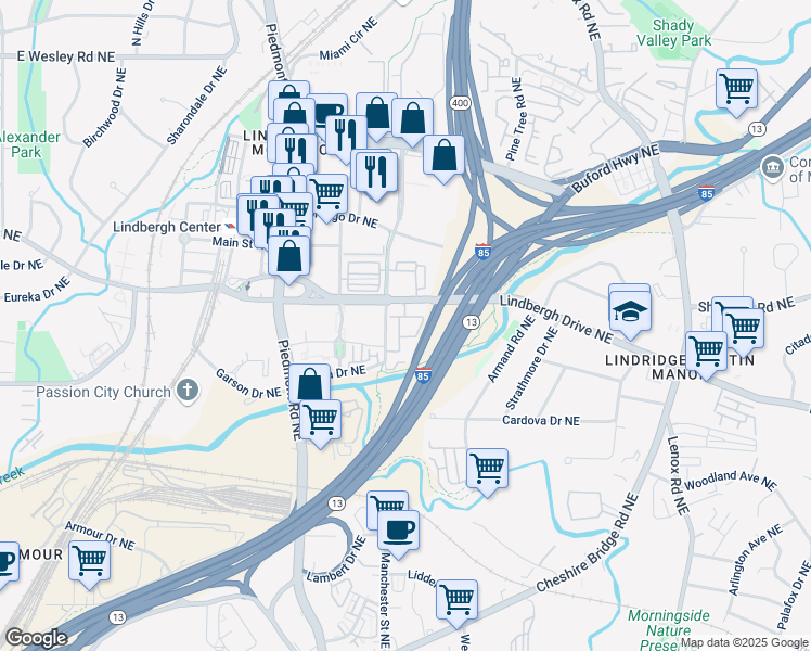map of restaurants, bars, coffee shops, grocery stores, and more near 711 Cosmopolitan Drive Northeast in Atlanta