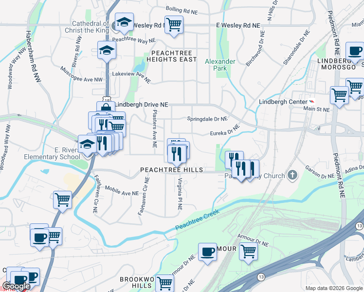 map of restaurants, bars, coffee shops, grocery stores, and more near 2377 Virginia Place Northeast in Atlanta