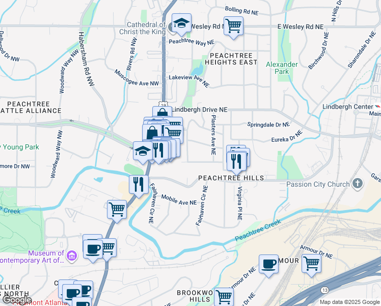 map of restaurants, bars, coffee shops, grocery stores, and more near 2398 Glenwood Drive Northeast in Atlanta