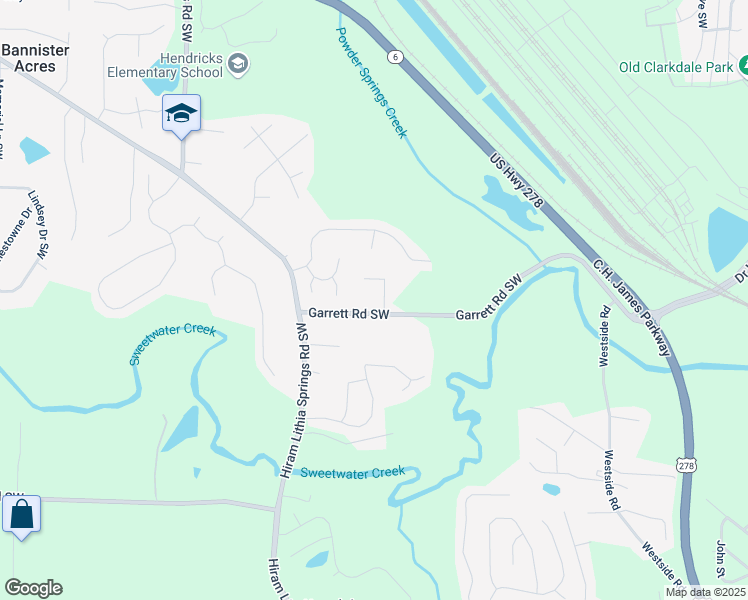 map of restaurants, bars, coffee shops, grocery stores, and more near 5642 Garrett Knolls in Powder Springs