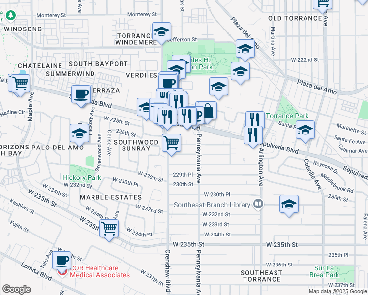 map of restaurants, bars, coffee shops, grocery stores, and more near 2438 West 227th Street in Torrance