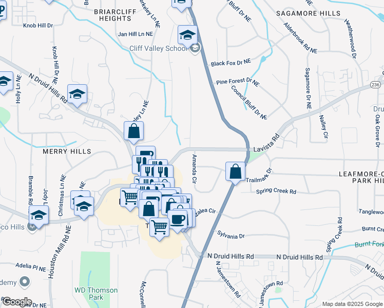 map of restaurants, bars, coffee shops, grocery stores, and more near 2347 Lavista Road Northeast in Atlanta