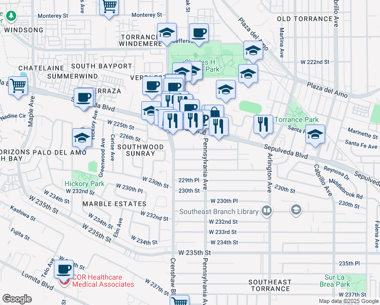 map of restaurants, bars, coffee shops, grocery stores, and more near 2438 West 227th Street in Torrance