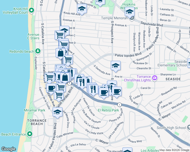 map of restaurants, bars, coffee shops, grocery stores, and more near 413 Avenue E in Redondo Beach