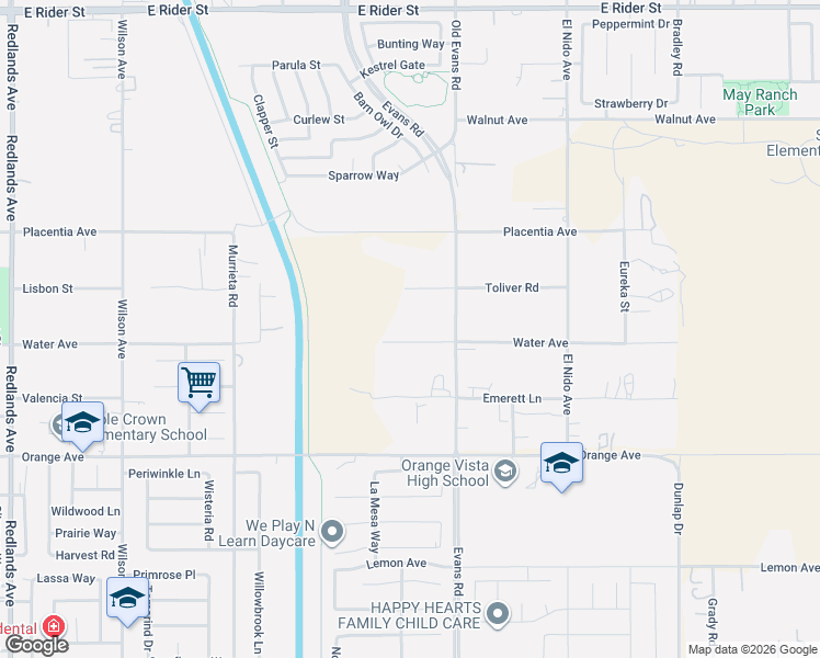 map of restaurants, bars, coffee shops, grocery stores, and more near 26425 Toliver Road in Perris