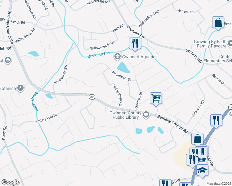 map of restaurants, bars, coffee shops, grocery stores, and more near 2821 Spring Ridge Circle in Snellville