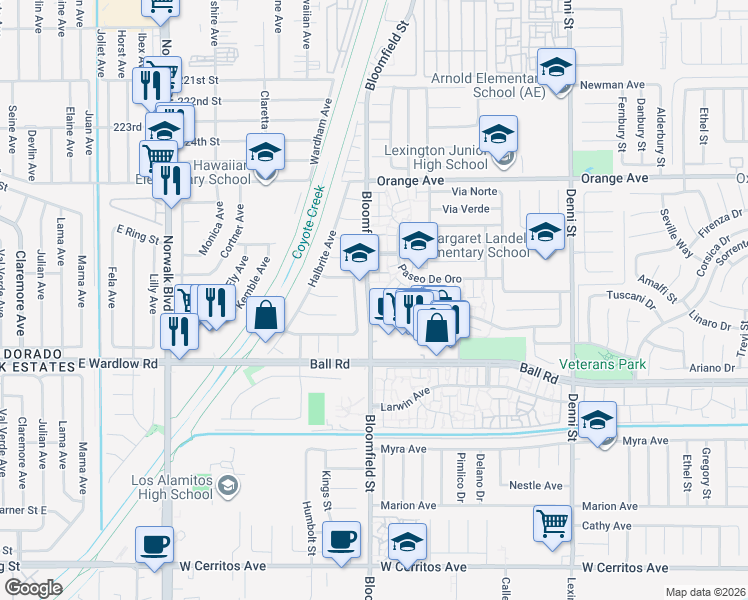 map of restaurants, bars, coffee shops, grocery stores, and more near 3520 Farnham Avenue in Long Beach