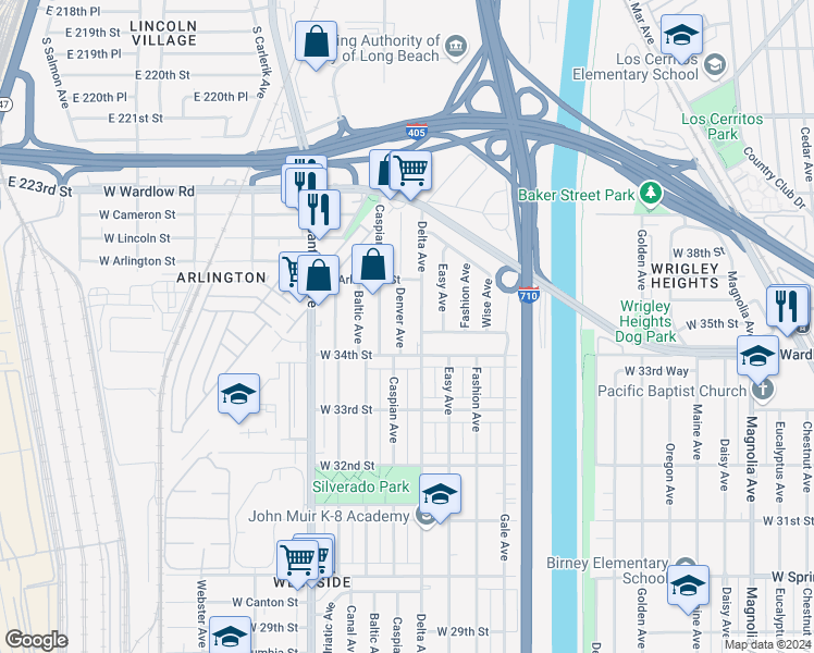 map of restaurants, bars, coffee shops, grocery stores, and more near 3446 Denver Avenue in Long Beach
