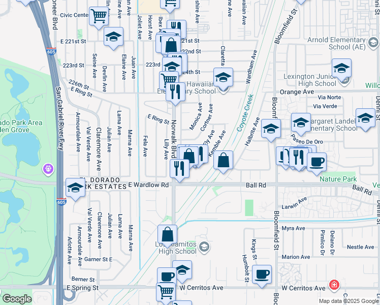 map of restaurants, bars, coffee shops, grocery stores, and more near 8130 East Topia Street in Long Beach