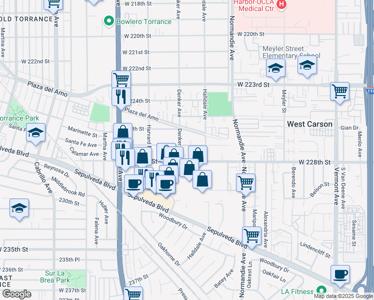 map of restaurants, bars, coffee shops, grocery stores, and more near 1444 West 227th Street in Torrance