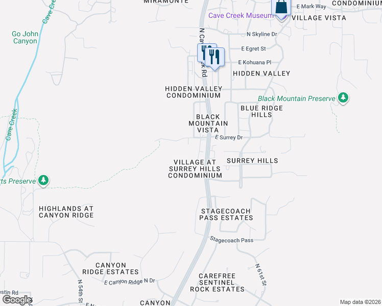 map of restaurants, bars, coffee shops, grocery stores, and more near 5811 East Surrey Drive in Cave Creek