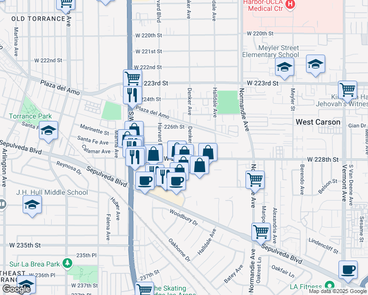 map of restaurants, bars, coffee shops, grocery stores, and more near 1510 West 227th Street in Torrance