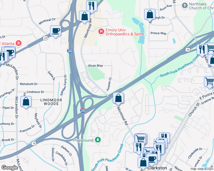 map of restaurants, bars, coffee shops, grocery stores, and more near 1340 Juneau Court in Tucker