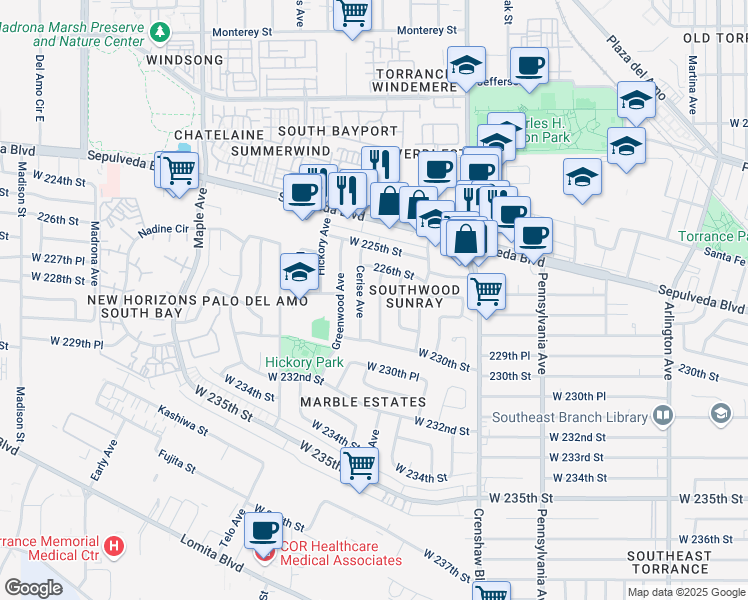 map of restaurants, bars, coffee shops, grocery stores, and more near 22709 Fern Avenue in Torrance