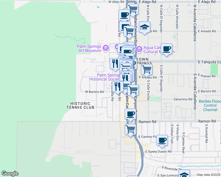 map of restaurants, bars, coffee shops, grocery stores, and more near 220 South Cahuilla Road in Palm Springs