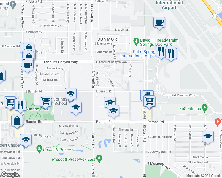 map of restaurants, bars, coffee shops, grocery stores, and more near 2759 Mystic Mountain View in Palm Springs