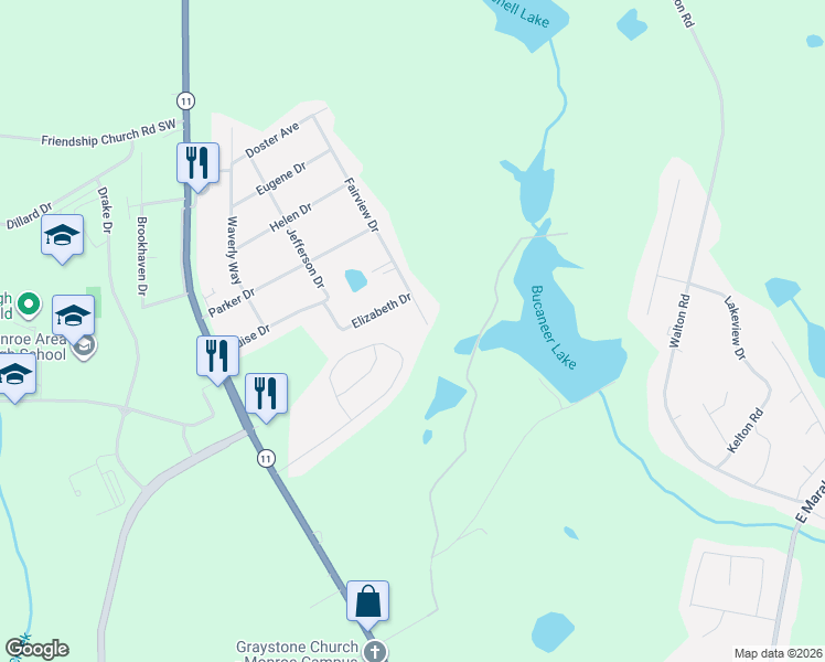 map of restaurants, bars, coffee shops, grocery stores, and more near 261 Elizabeth Drive in Monroe