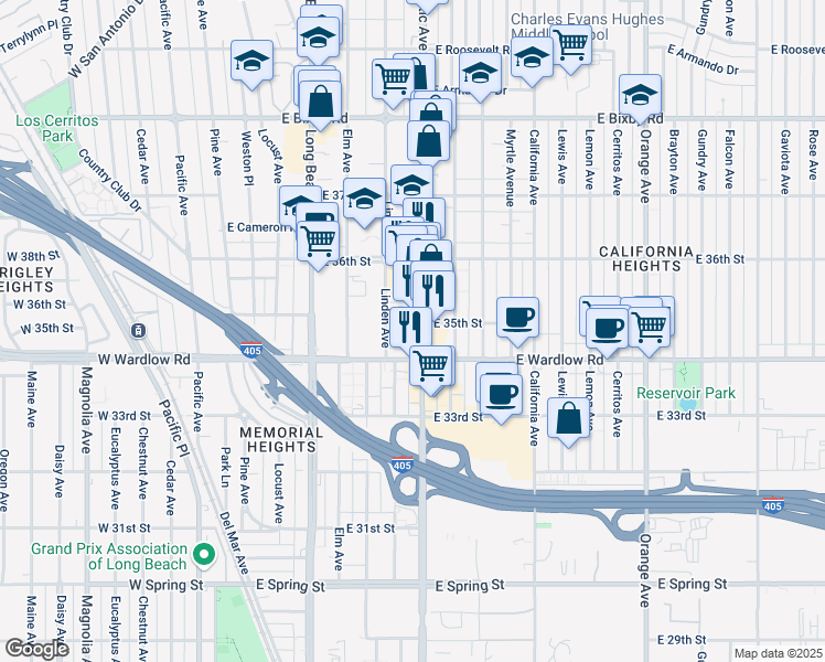 map of restaurants, bars, coffee shops, grocery stores, and more near 3508 Atlantic Avenue in Long Beach