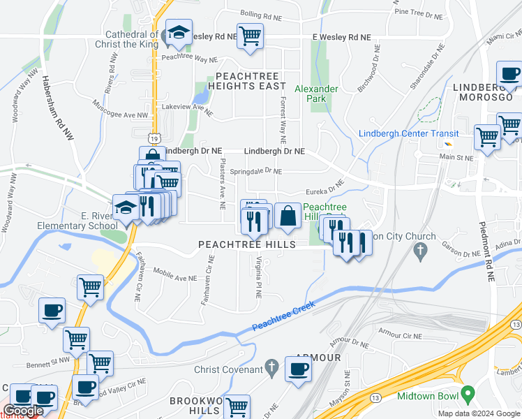 map of restaurants, bars, coffee shops, grocery stores, and more near 2377 Virginia Place Northeast in Atlanta