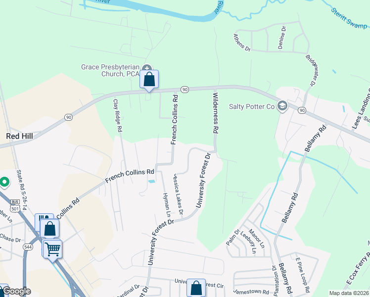 map of restaurants, bars, coffee shops, grocery stores, and more near 145 Jessica Lakes Drive in Conway