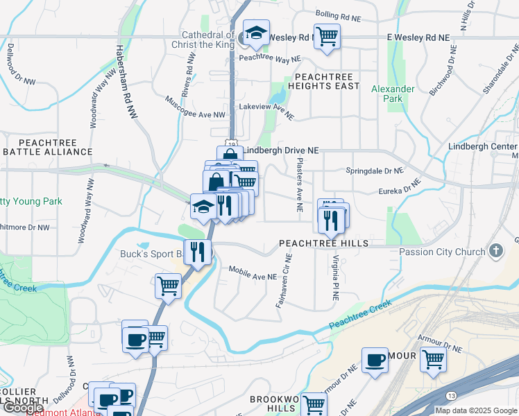 map of restaurants, bars, coffee shops, grocery stores, and more near 2398 Glenwood Drive Northeast in Atlanta