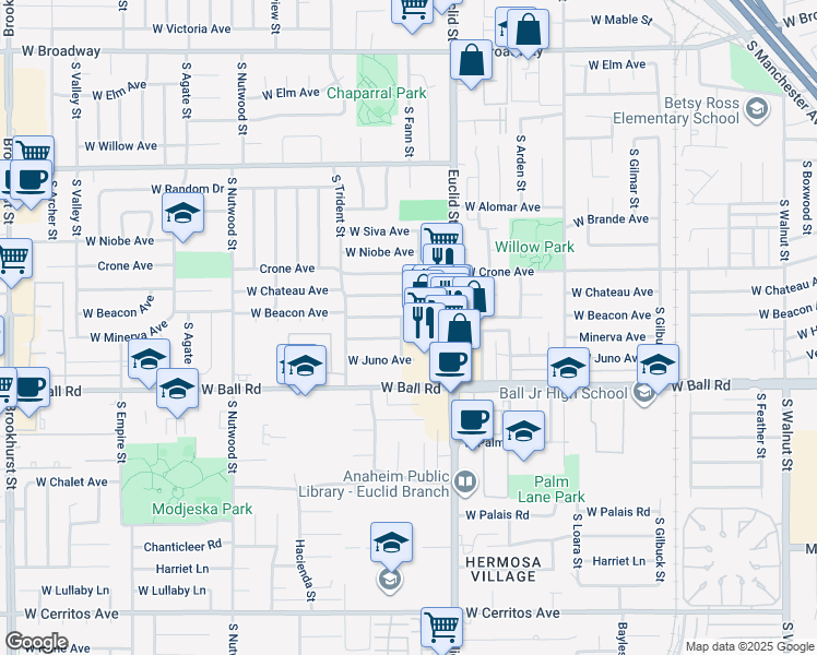 map of restaurants, bars, coffee shops, grocery stores, and more near 906 South Fann Street in Anaheim