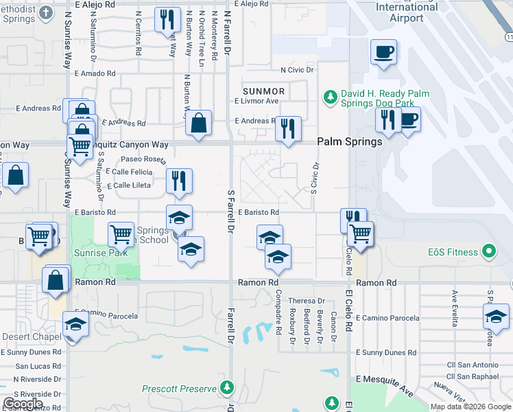 map of restaurants, bars, coffee shops, grocery stores, and more near 173 Desert Song Lane in Palm Springs
