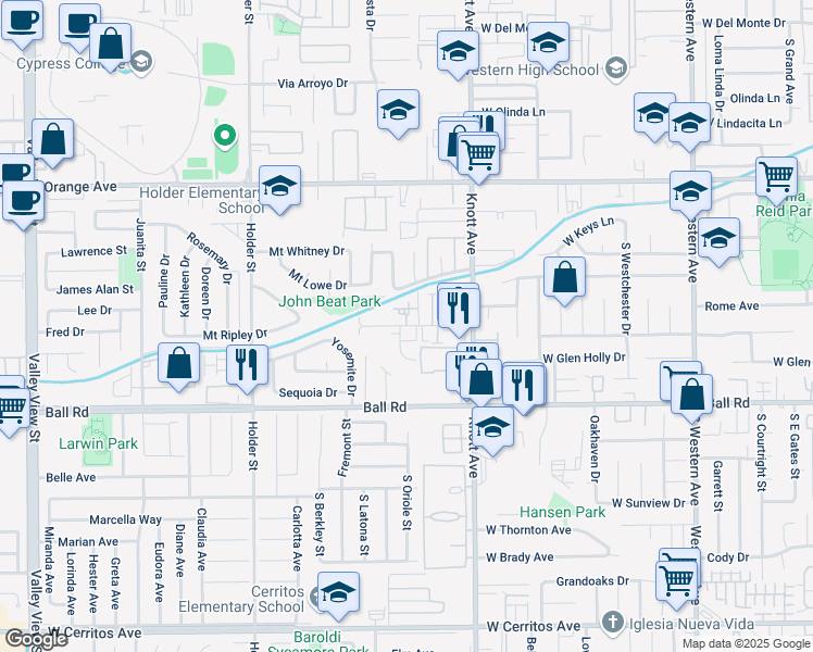 map of restaurants, bars, coffee shops, grocery stores, and more near 3615 W Savanna St in Anaheim