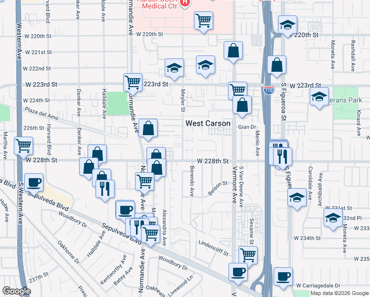 map of restaurants, bars, coffee shops, grocery stores, and more near 22714 Meyler Street in Torrance