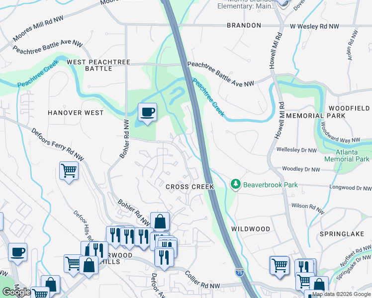 map of restaurants, bars, coffee shops, grocery stores, and more near 76 De Arc Place Northwest in Atlanta