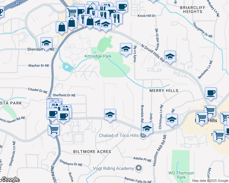 map of restaurants, bars, coffee shops, grocery stores, and more near 1583 Nantahalla Court Northeast in Atlanta