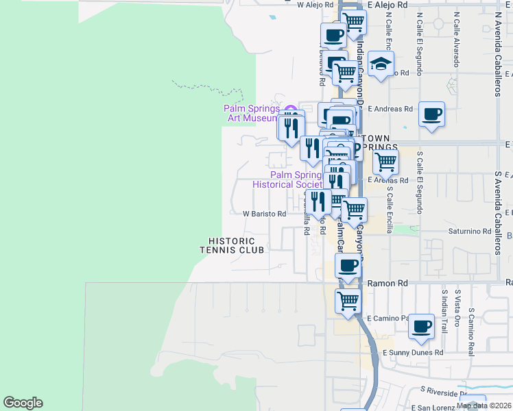 map of restaurants, bars, coffee shops, grocery stores, and more near 290 San Jacinto Drive in Palm Springs