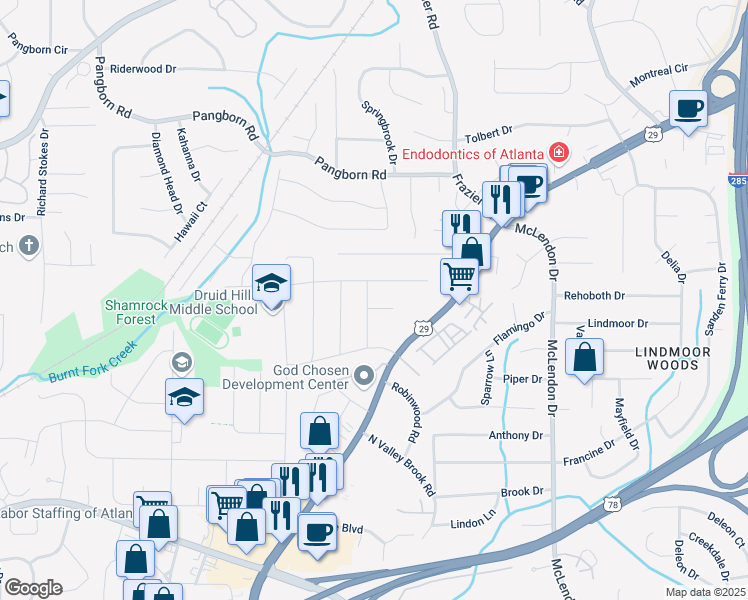 map of restaurants, bars, coffee shops, grocery stores, and more near 2947 Delcourt Drive in Decatur