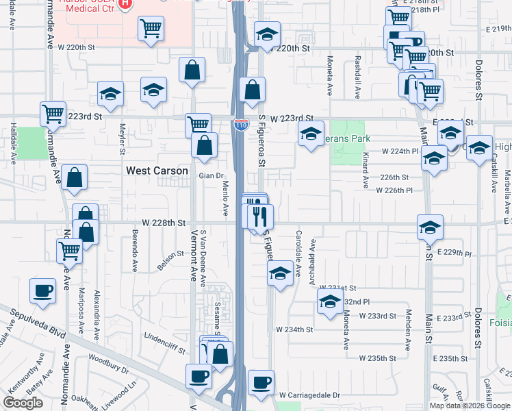 map of restaurants, bars, coffee shops, grocery stores, and more near 22707 South Figueroa Street in Carson